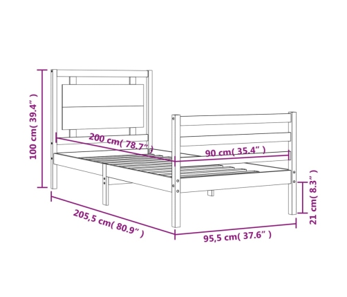 Estructura de cama con cabecero madera maciza 90x200 cm