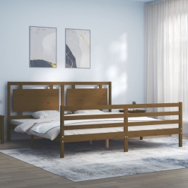 Estructura cama y cabecero madera maciza marrón miel 200x200 cm