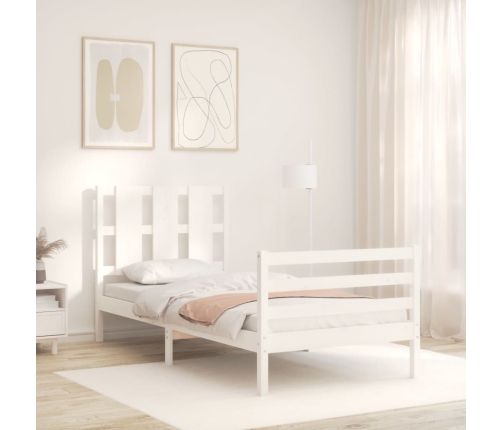 Estructura de cama individual con cabecero madera maciza blanco