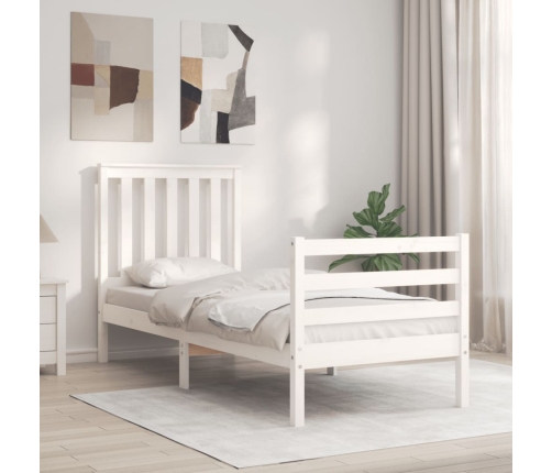 Estructura de cama individual con cabecero madera maciza blanco