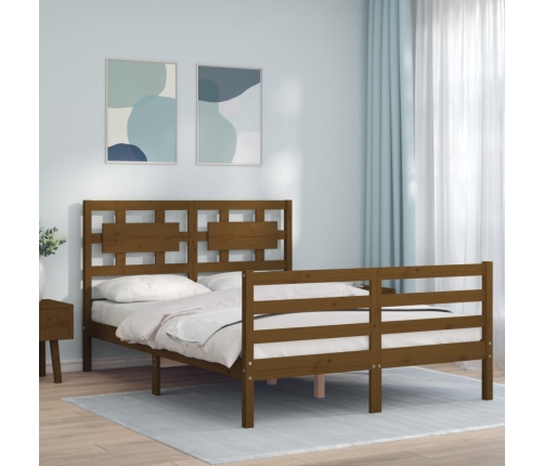 Estructura de cama matrimonio con cabecero madera marrón miel