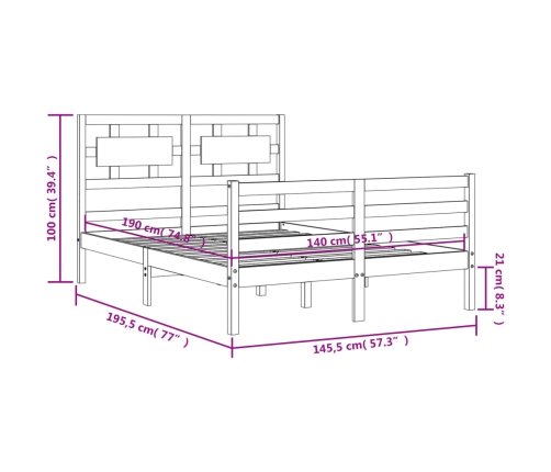 Estructura de cama con cabecero madera maciza 140x190 cm