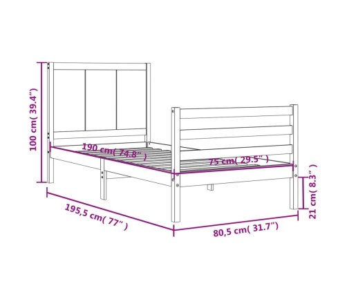 Estructura de cama individual con cabecero madera maciza blanco
