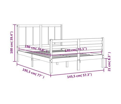Estructura de cama con cabecero madera maciza 140x190 cm