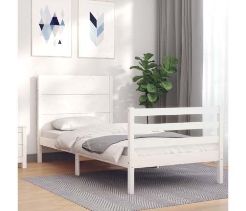 Estructura de cama individual con cabecero madera maciza blanco
