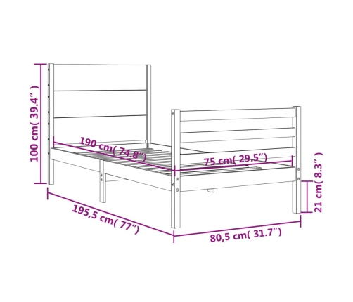 Estructura de cama individual con cabecero madera maciza blanco
