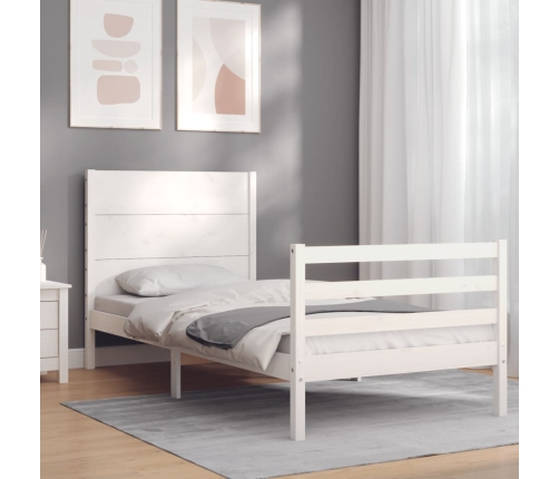 Estructura de cama individual con cabecero madera maciza blanco