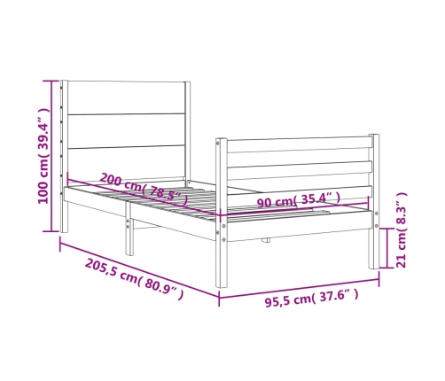 Estructura cama con cabecero madera maciza marrón miel 90x200cm