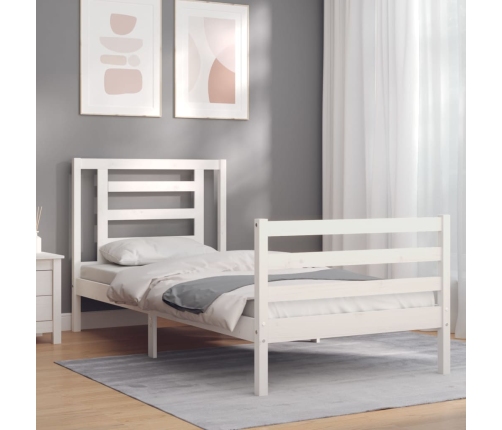 Estructura de cama individual con cabecero madera maciza blanco