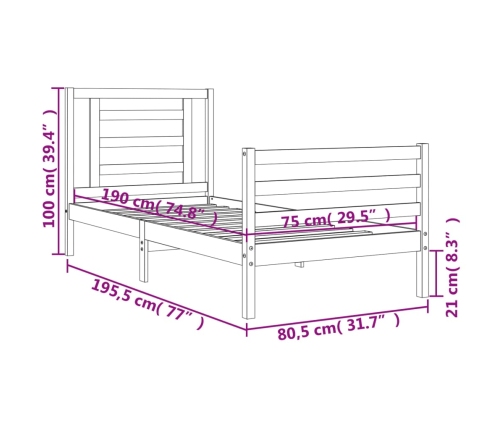 Estructura de cama individual con cabecero madera maciza blanco