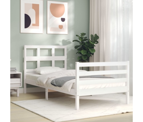 Estructura de cama individual con cabecero madera maciza blanco