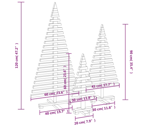 Árboles de Navidad de madera 3 pzas madera maciza pino