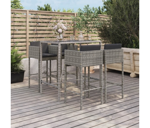 Mesa y taburetes altos jardín 5 piezas y cojines ratán PE gris