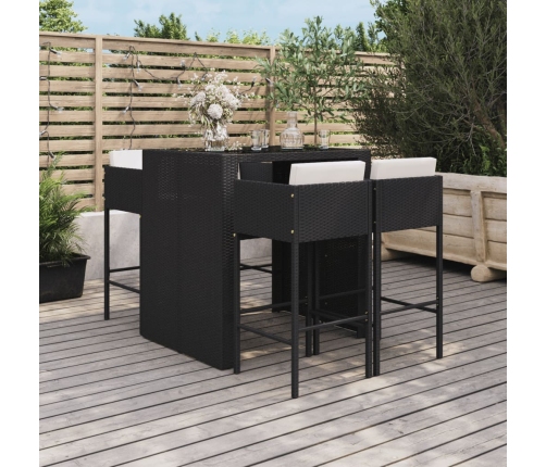 Mesa y taburetes altos jardín 5 pzas y cojines ratán PE negro