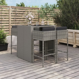 Mesa y taburetes altos jardín 5 piezas y cojines ratán PE gris