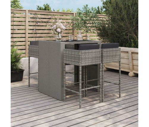 Mesa y taburetes altos jardín 5 piezas y cojines ratán PE gris