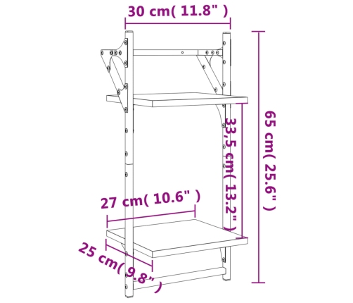 Estantes de pared 2 niveles con barras 2 uds negro 30x25x65 cm