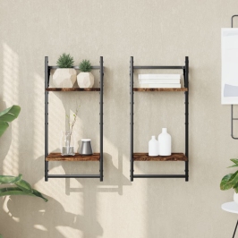 Estantes pared 2 niveles barras 2 uds roble ahumado 30x25x65 cm