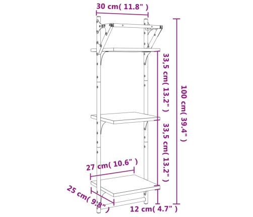 Estantes pared 3 niveles barras 2 uds roble ahumado 30x25x100cm