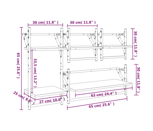 Estantes pared con barras 4 pzas madera ingeniería marrón roble