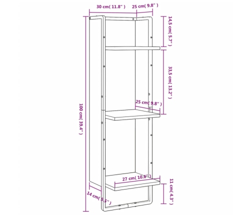 Estantería de pared 3 niveles madera roble Sonoma 30x25x100 cm