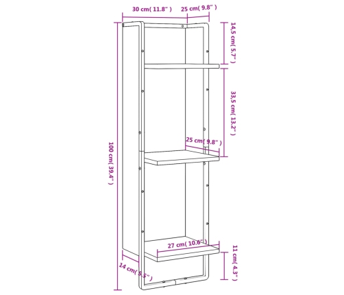 Estantería de pared 3 niveles madera roble ahumado 30x25x100 cm