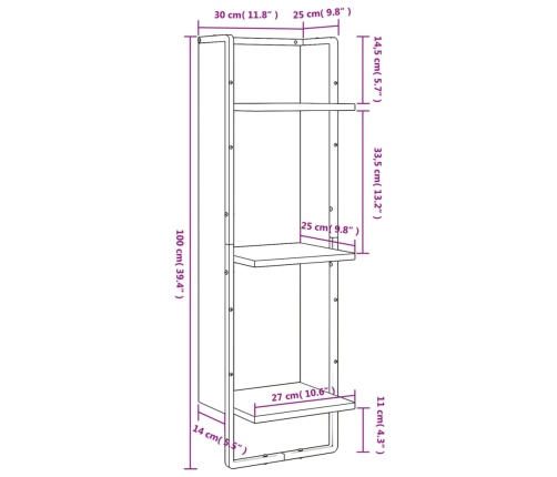 Estantería de pared 3 niveles madera marrón roble 30x25x100 cm