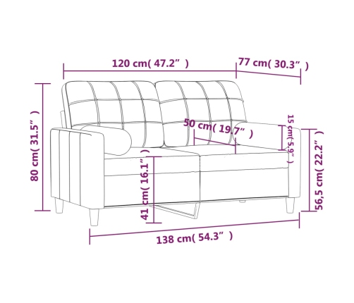 Sofá de 2 plazas con cojines tela gris claro 120 cm