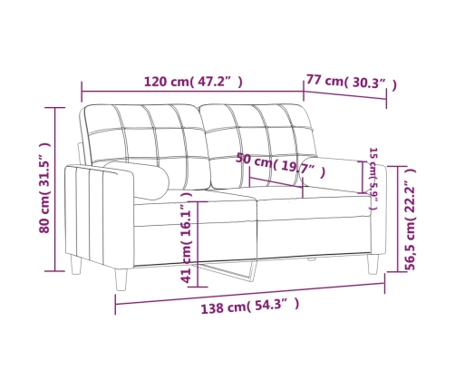 Sofá de 2 plazas con cojines tela marrón 120 cm