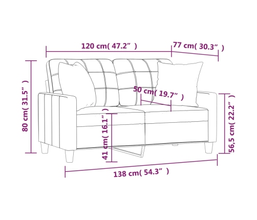 Sofá de 2 plazas con cojines cuero sintético gris 120 cm