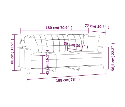 vidaXL Sofá de 3 plazas con cojines cuero sintético capuchino 180 cm