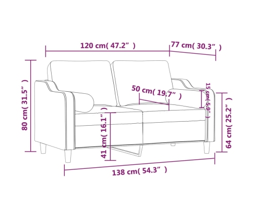 Sofá de 2 plazas con cojines tela gris claro 120 cm