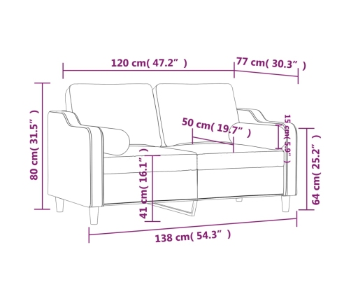 Sofá de 2 plazas con cojines tela marrón 120 cm