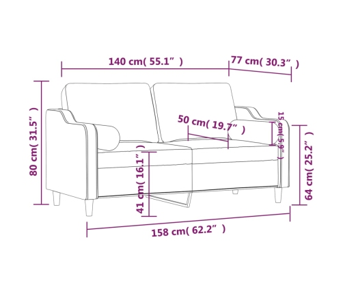 Sofá de 2 plazas con cojines tela gris claro 140 cm