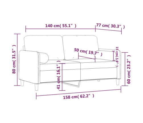 Sofá de 2 plazas con cojines terciopelo rosa 140 cm