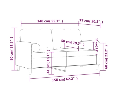 Sofá de 2 plazas con cojines terciopelo azul 140 cm