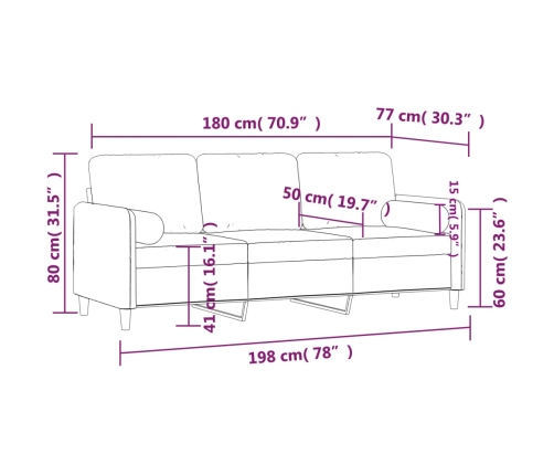 Sofá de 3 plazas con cojines terciopelo gris claro 180 cm