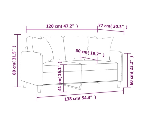 Sofá de 2 plazas con cojines tela gris claro 120 cm