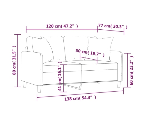 Sofá de 2 plazas con cojines tela marrón 120 cm