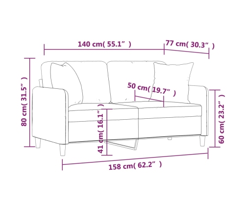 Sofá de 2 plazas con cojines tela gris claro 140 cm