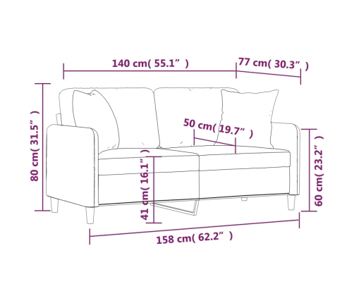 Sofá de 2 plazas con cojines tela marrón 140 cm