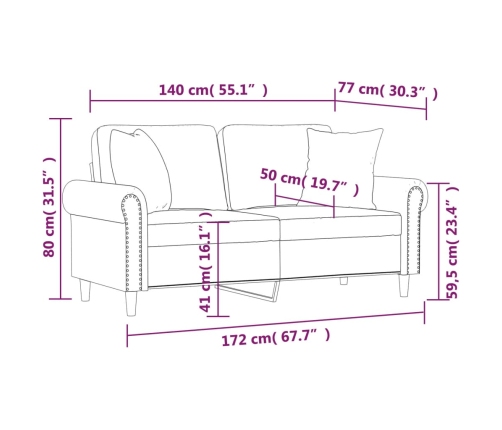 vidaXL Sofá de 2 plazas con cojines terciopelo verde oscuro 140 cm