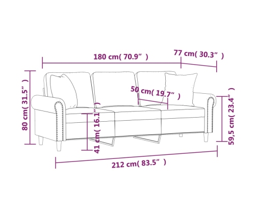 vidaXL Sofá de 3 plazas con cojines terciopelo gris oscuro 180 cm