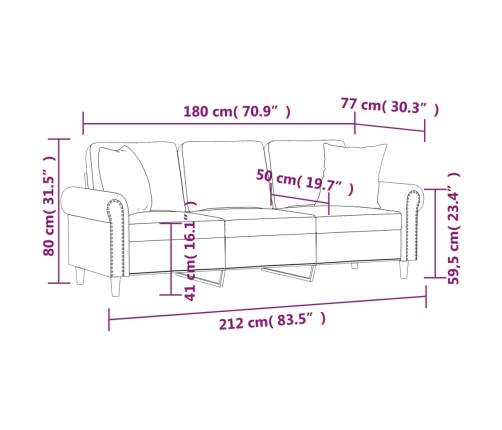 Sofá de 3 plazas con cojines terciopelo rosa 180 cm