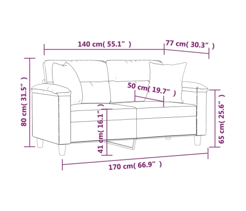 Sofá de 2 plazas con cojines tela de microfibra beige 140 cm