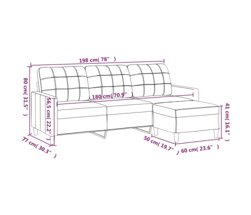 Sofá de 3 plazas con taburete de tela marrón 180 cm
