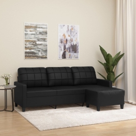 Sofá de 3 plazas con taburete cuero sintético negro 180 cm