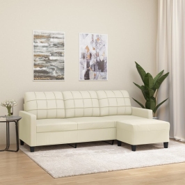 Sofá de 3 plazas con taburete cuero sintético crema 180 cm