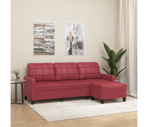 vidaXL Sofá de 3 plazas con taburete cuero sintético rojo tinto 180 cm