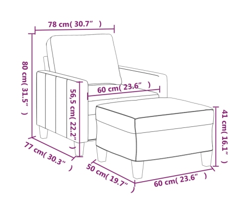 Sillón con taburete cuero sintético negro 60 cm